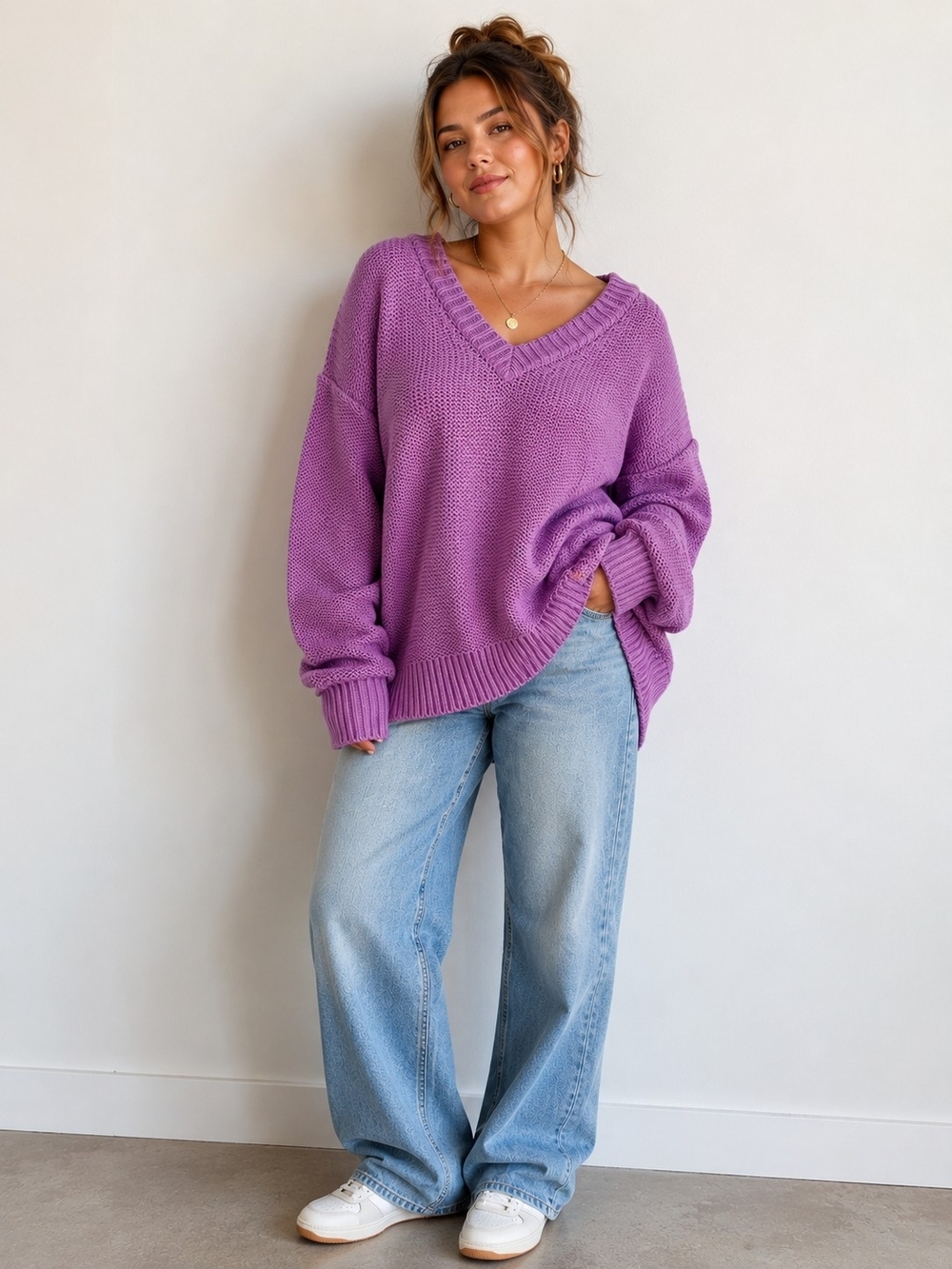 Free People Alli V-Neck Heavy Chunky Knit Oversized Purple Pullover Size:L